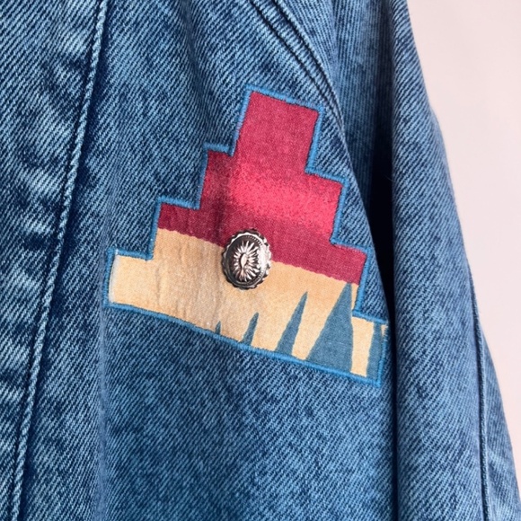 Vintage Sundance Denim Southwestern Concho Teal Aztec Print Acid Wash Coat USA L - Picture 4 of 16